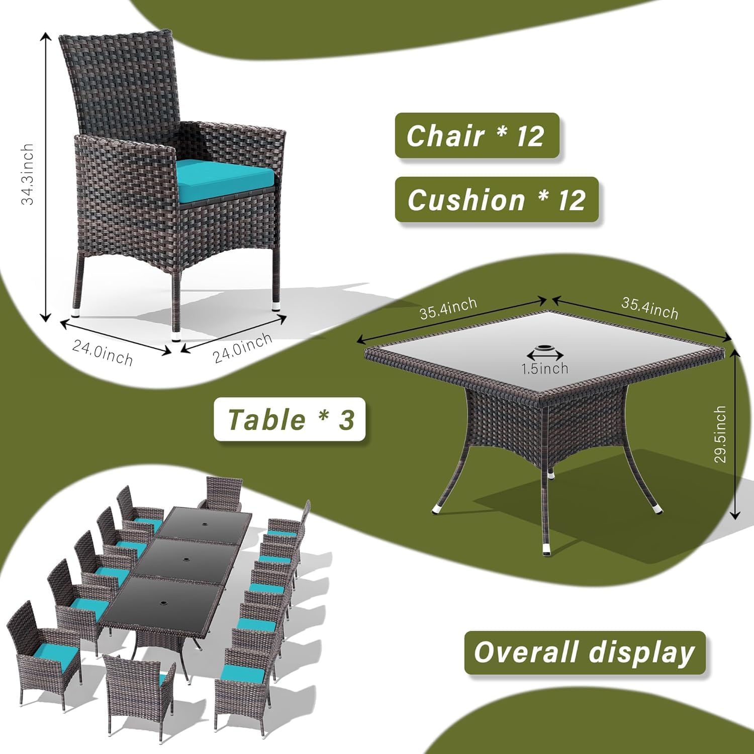 15 Pieces Outdoor Patio Dining Set,Patio Table and Chairs Rattan Outdoor Patio Furniture Set with Umbrella Hole,Dining Table Set for 12 with Chairs for Backyard,Garden and Kitchen,Turquoise Blue