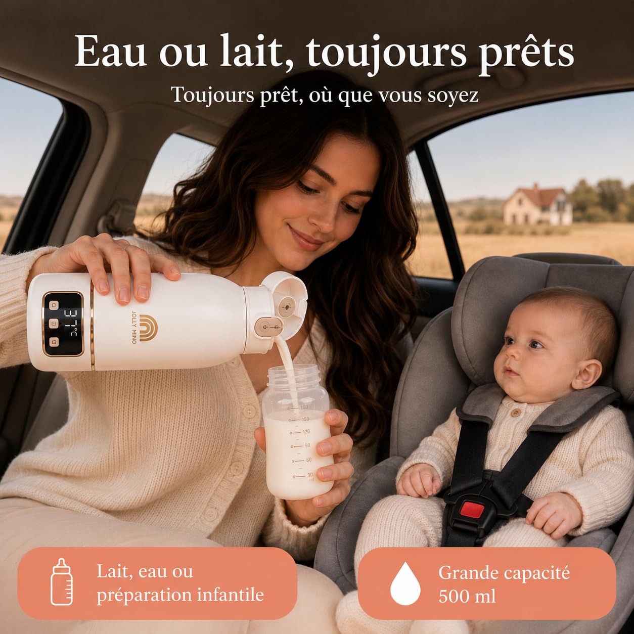 Chauffe biberon Nomade Portable Sans Fil 500 ml, Inox, Chauffe Lait Maternel & Eau, Auto-Pasteurisation, Voyage Voiture Nuit, Brosse Silicone Incluse