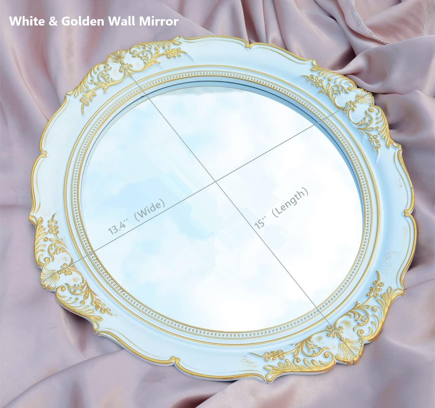 White Gold Trim Oval Mirror Decor Tray 15x13.4 Inch Wall Mounted Hook Vanity Organizer for Jewelry Cosmetics Dessert Photography Prop Bedroom Living Room