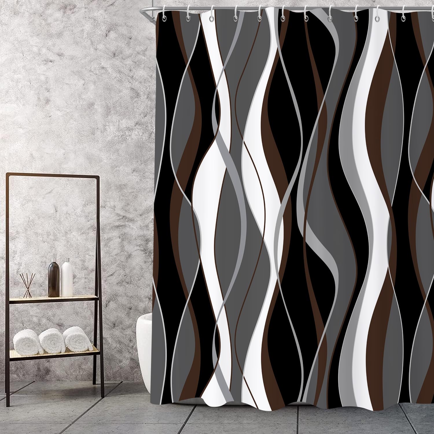 GCIREC Shower Curtain, 120x200cm, Modern Abstract Black Grey White Brown Ombre Striped Minimalist Art Waterproof Fabric Machine Washable Bathroom Curtain with Hooks