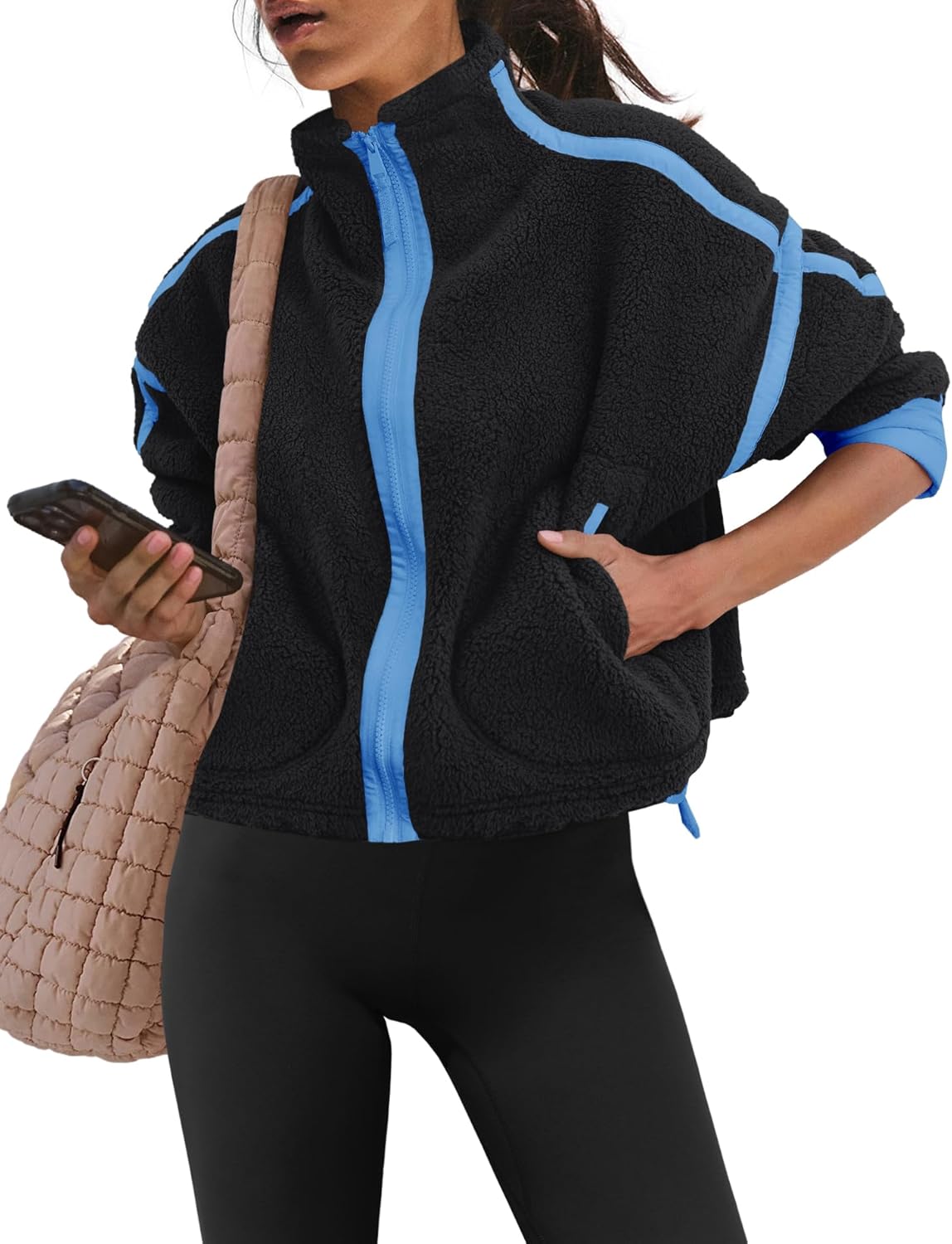 Yanekop Womens Fleece Jacket Zip Up Fuzzy Sherpa Jackets Long Sleeve Winter Coats Striped Warm Outwear with Pockets - Image 2