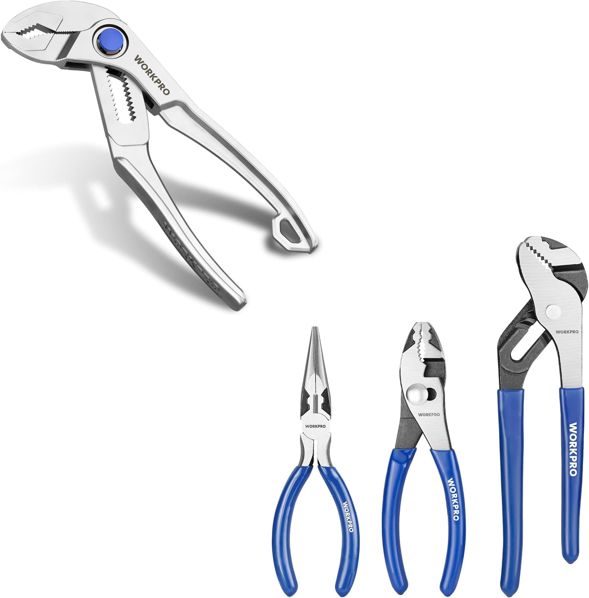 Mini Water Pump Pliers and 3-Piece Pliers Tool Set with Soft Handle, 6" Needle Nose Plier, 6" Slip Joint Plier, 8" Groove Joint Plier for DIY & Home Use