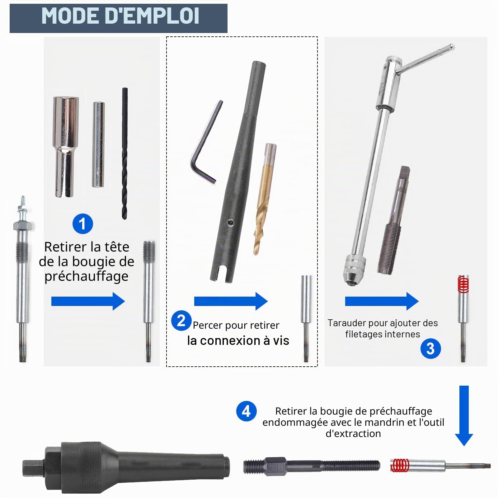 FreeTec 16PC Extracteur Bougie de Préchauffage, M8 M10 Extracteur Démonte Clé de Bougie Préchauffage Cassée avec Foret Étagé et Taraud, Kit Réparation Bougies Préchauffages pour VW Mercedes Opel CDI