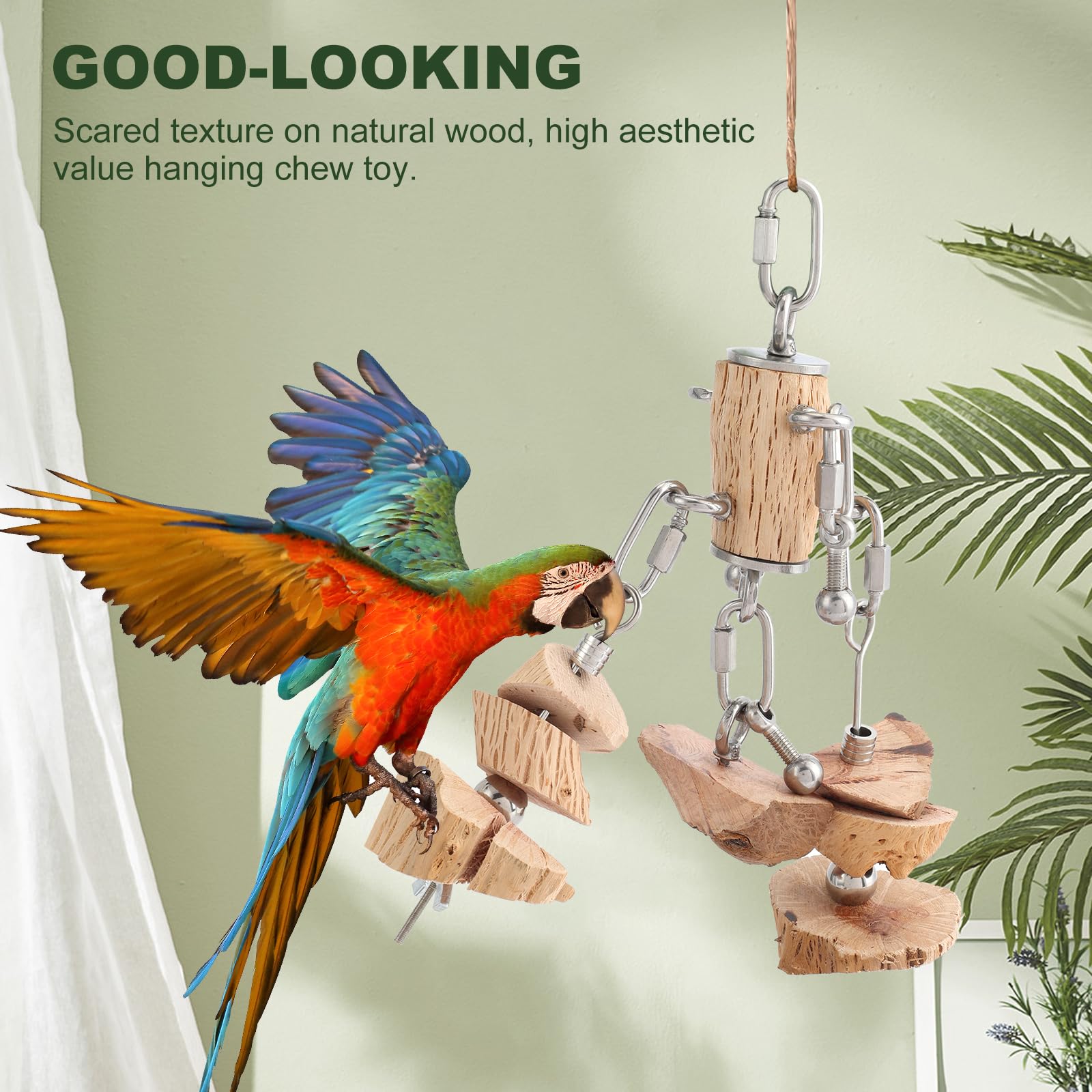 Lulu Buddy's Giocattolo da masticare in acciaio inossidabile e legno di pero selvatico che aumenta la gioia, gancio indistruttibile per ara, cacatua/grigi africani, gioco interattivo sicuro e pace