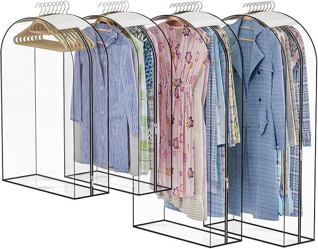 Upgraded Thickened Clear Garment Bags for Hanging Clothes 4 Packs, 10“ Gusseted Clothes Hanging Storage Bags for Closet, Shirts, Coats, Dresses (40 & 50 inch)