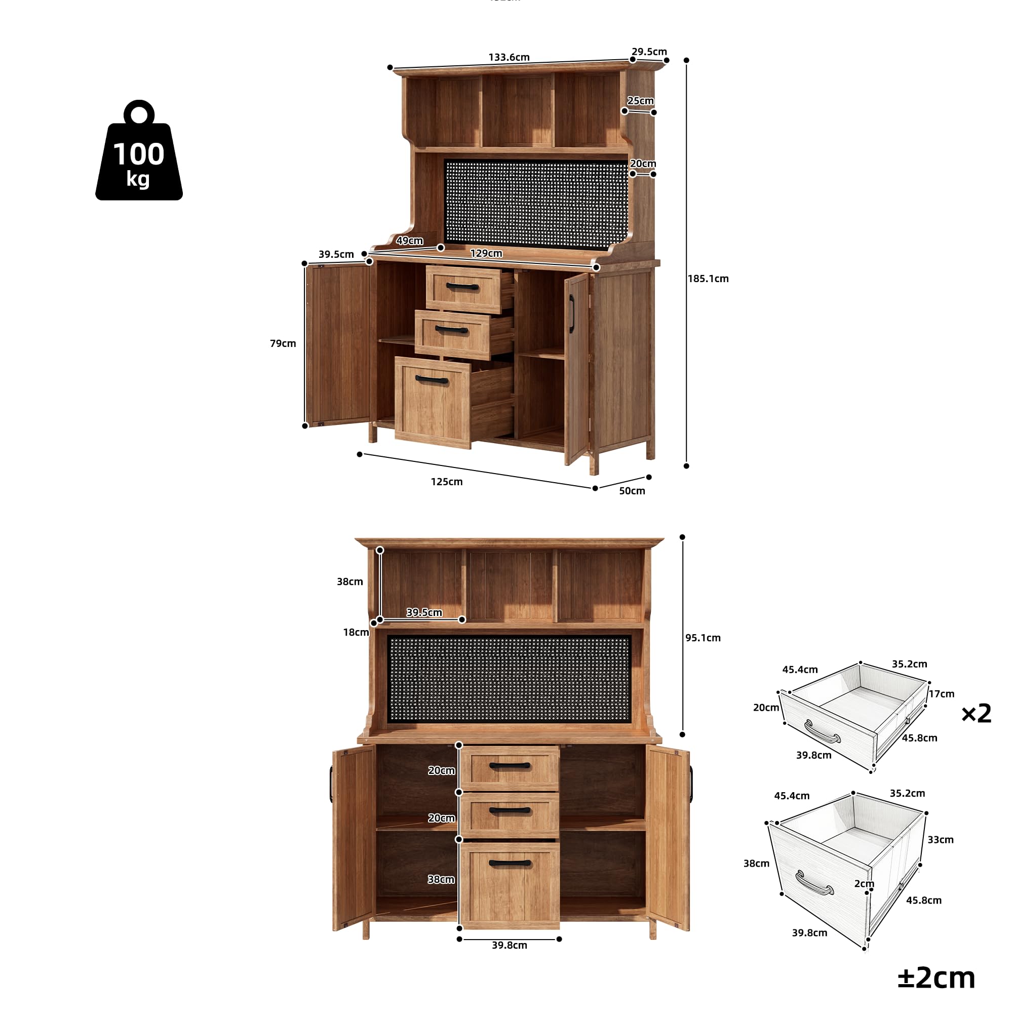 Gartenschrank Massivholz wetterfest Grün mit Arbeitsplatte & 2 Schubladen, Outdoor-Geräteschrank für Garten Terrasse Balkon, mit 2 Regalböden & magnetischem Schloss