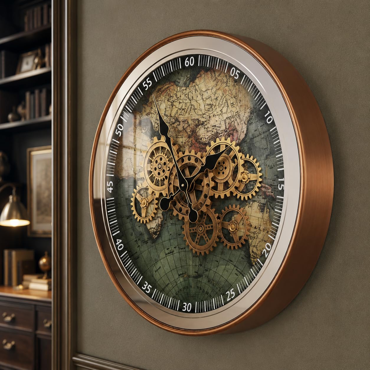Orologio da parete in metallo con mappa del mondo, 23 pollici, con ingranaggi mobili reali | Orologio a specchio decorativo Steampunk per soggiorno moderno casale ufficio cucina Art Decor,Reloj De Pared Para Sala