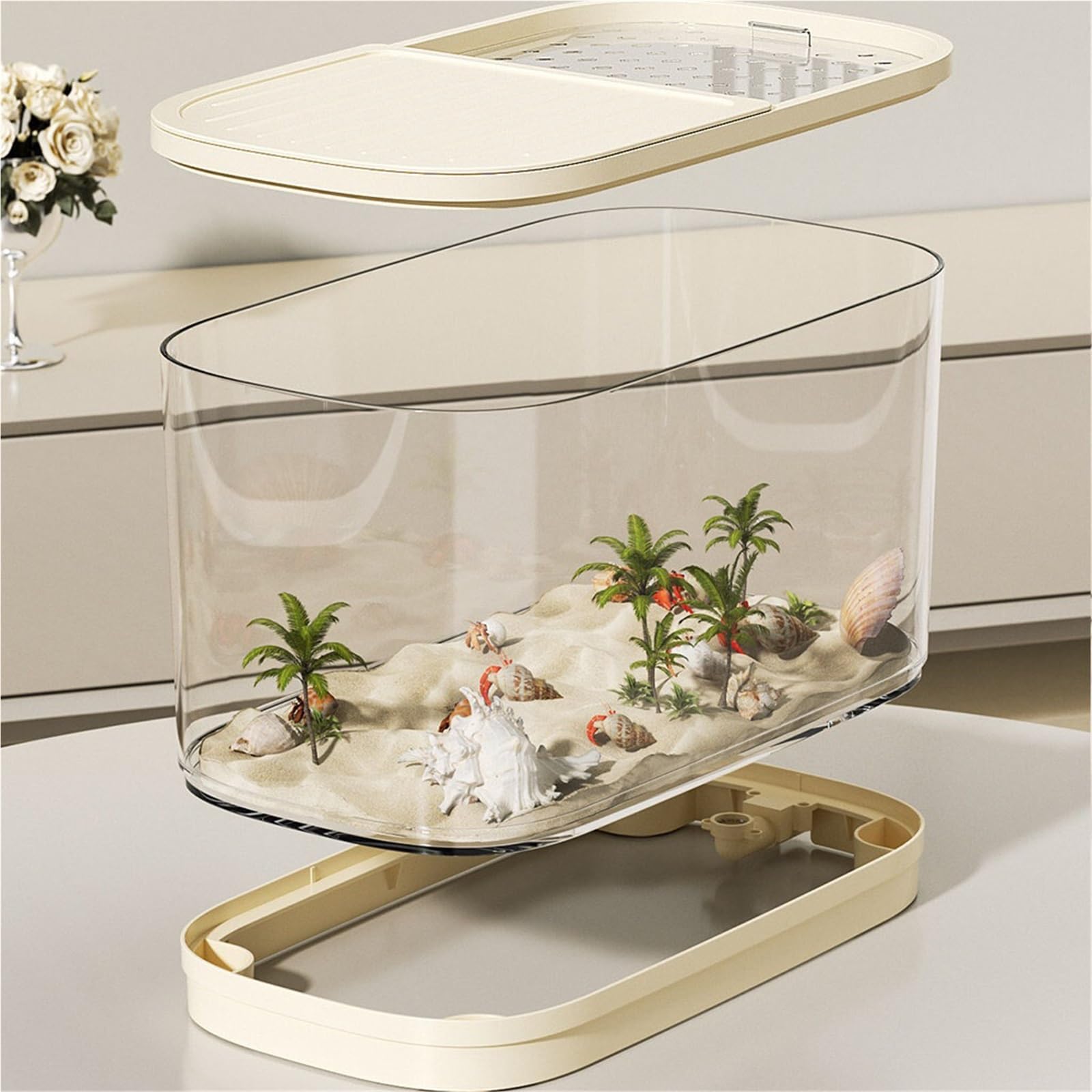 Siedlisko terrarium Skrzynka do karmienia żółwi, mała, dedykowana, odłączana platforma wspinaczkowa Terrarium akwariowe(39.5x22.1x22.5cm)