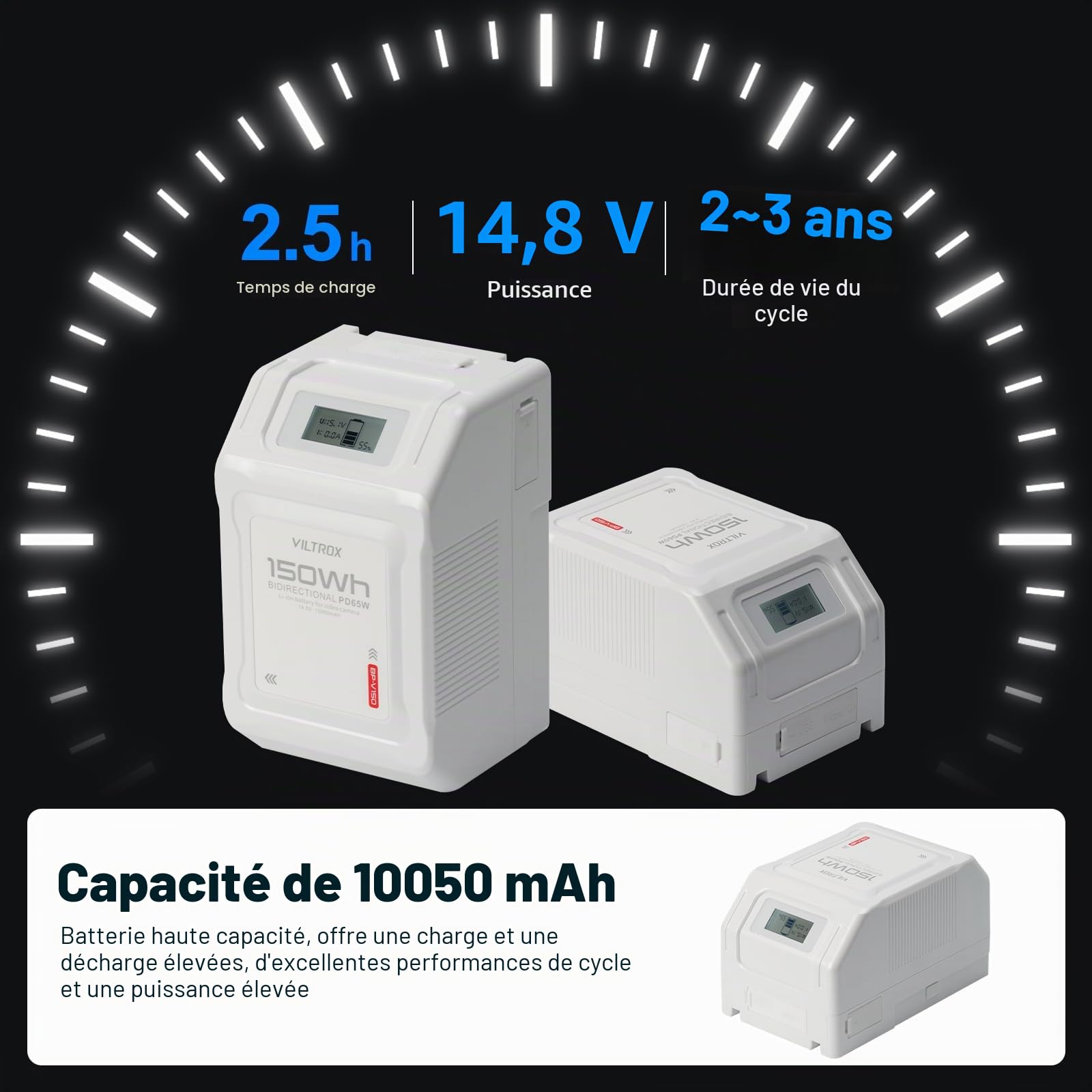 VILTROX BP-V150 V Mount 10050mAh Mini V-Lock Battery avec écran LCD,Dual D-Tap&USB Output,150Wh/14.8V,Blanc Batterie Mini V Lock en Appareils Photo,Caméscopes,Lampes LED,Moniteurs,MacBooks Smartphones