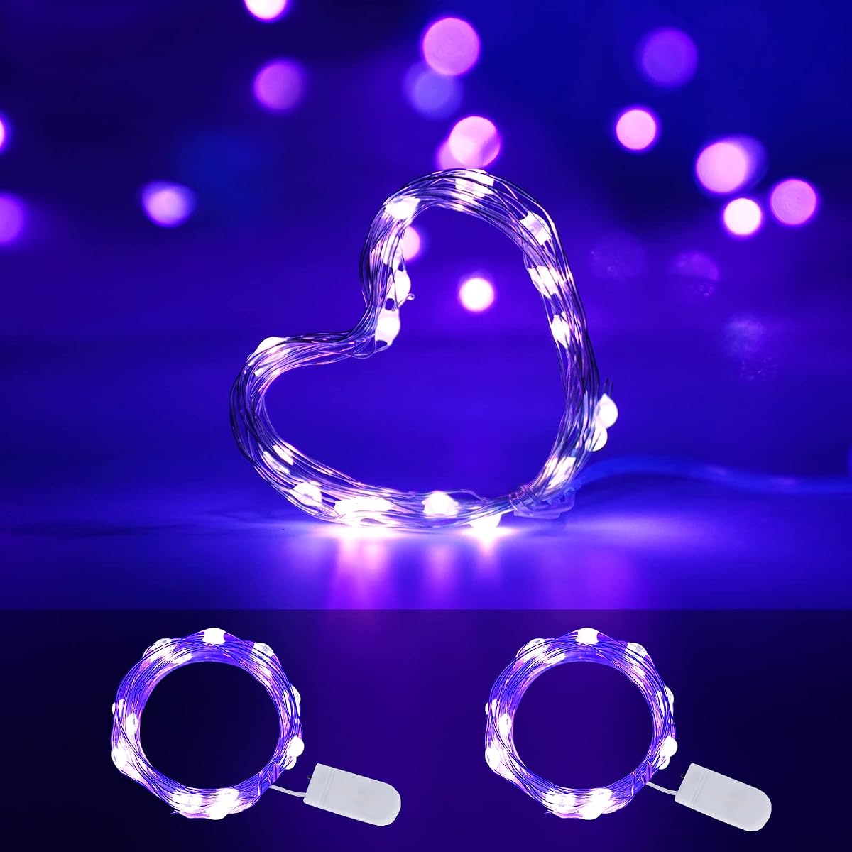 OMIKA Battery Operated LED UV Black Lights, 2 Pack 6.56ft, Flexible Purple