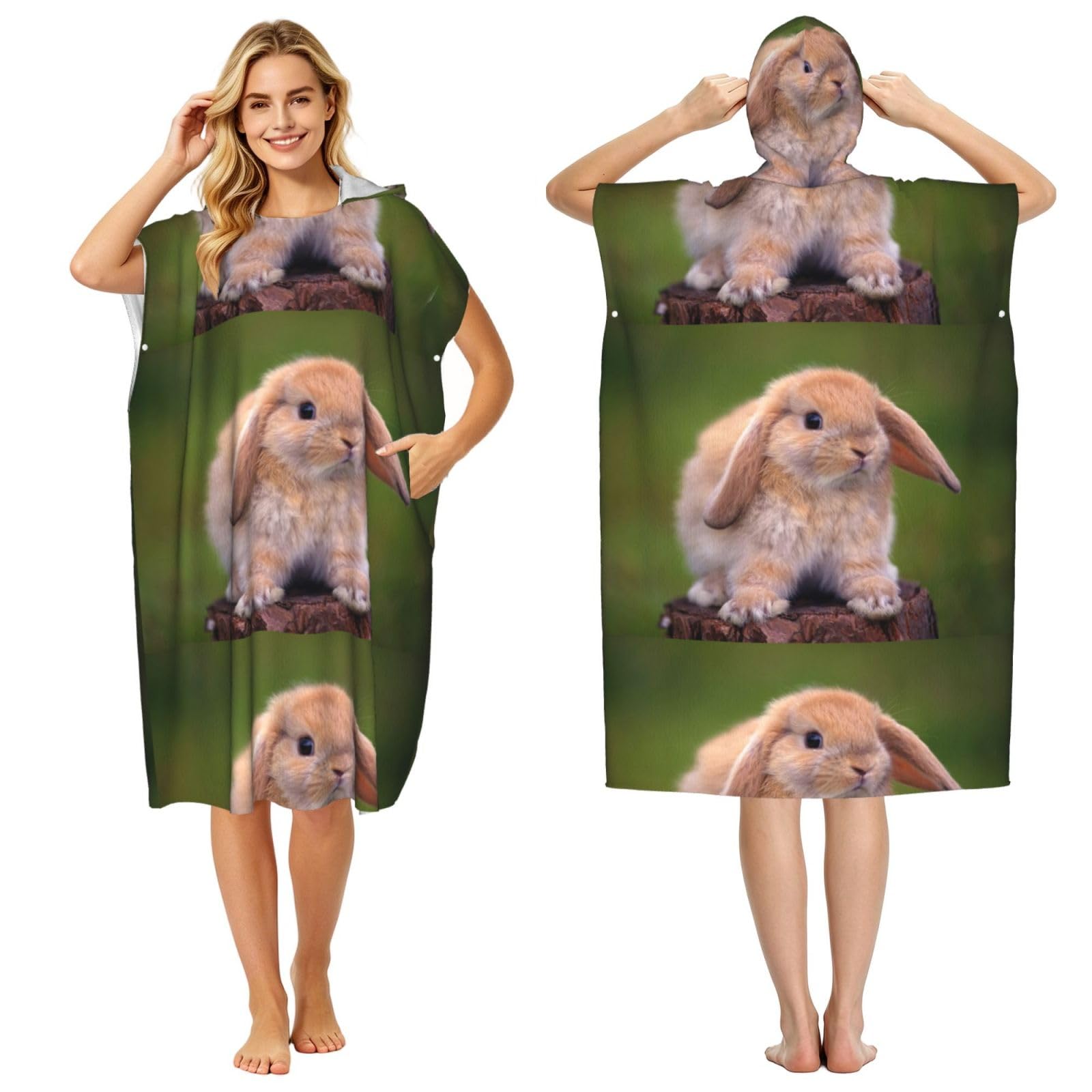 Poadnly Rabbit, Adult Hooded Beach Towel 90 x 110 cm,Changing Bath Robe, Surf Poncho Towel For Women Men