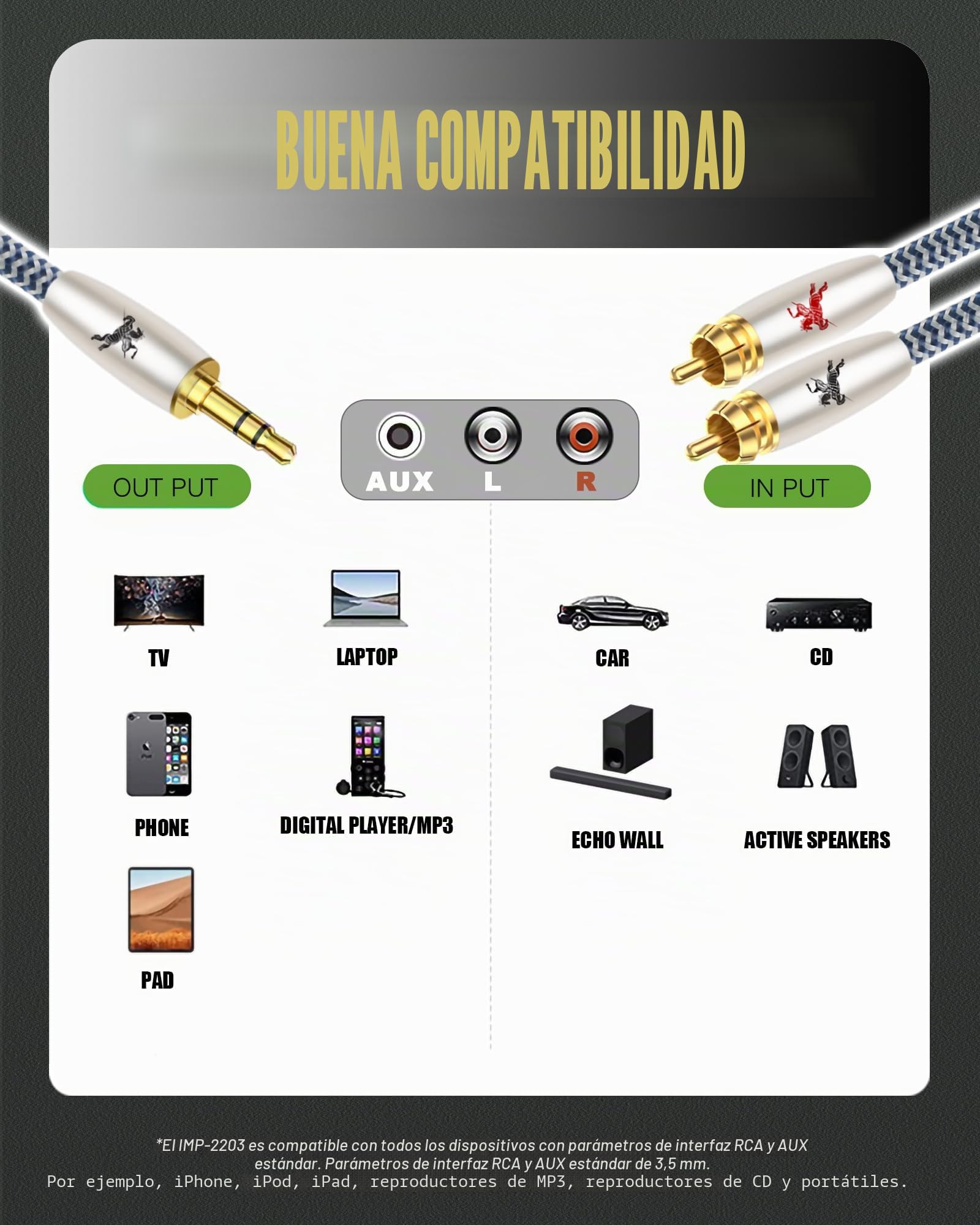 Impeto Cable RCA a Jack 3.5 mm mini Jack a 2 RCA Cinch Audiophile Adaptador Y 2 RCA Macho a Minijack Macho HiFi para conectar smartphones, tablets o PC a amplificador - 1m