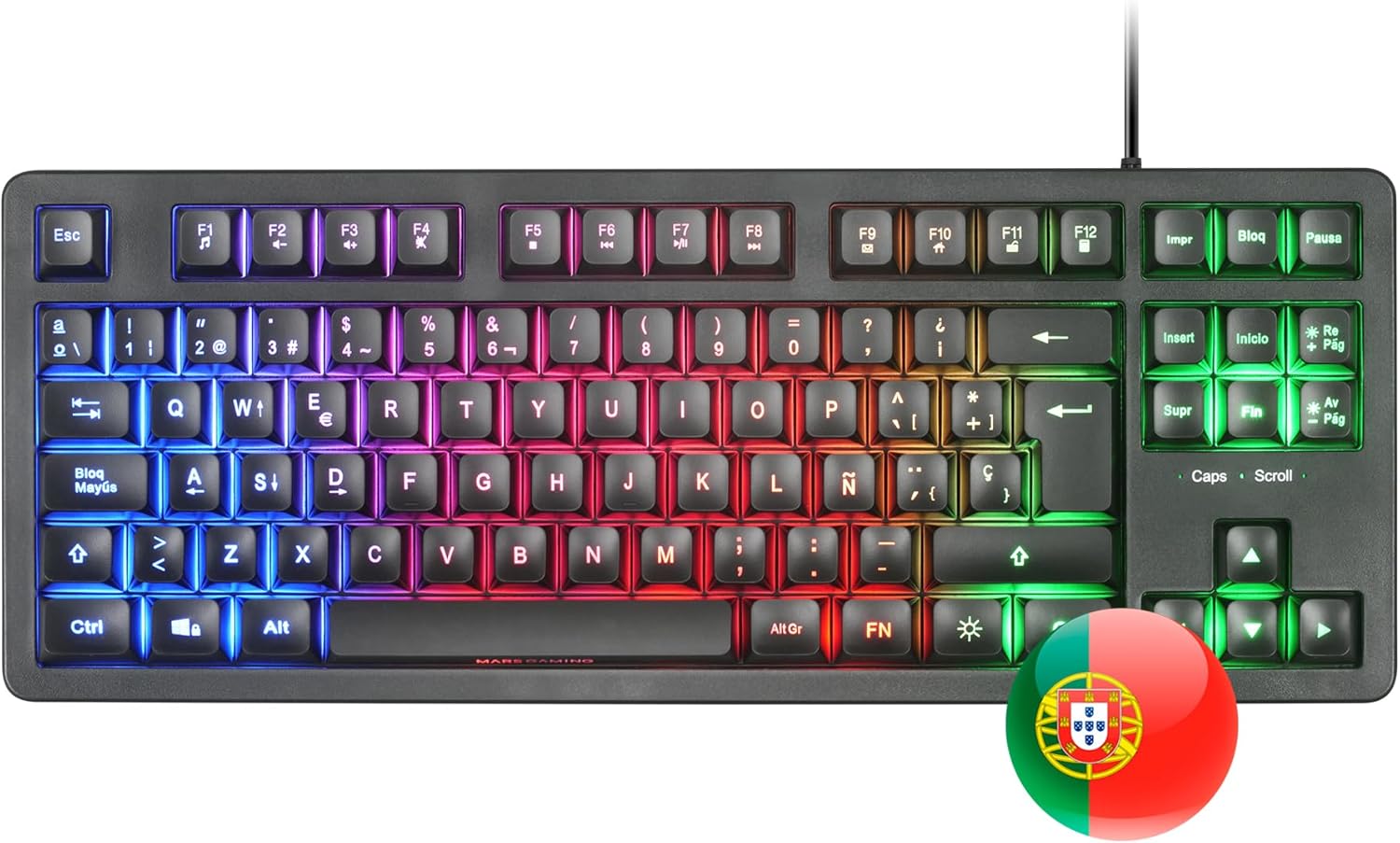 Mars Gaming MK023, Gaming Keyboard TKL, Hybrid H-Mech Technology, FRGB Rainbow Lighting, Anti-Ghosting, Universal Compatibility, Black, Portuguese Language
