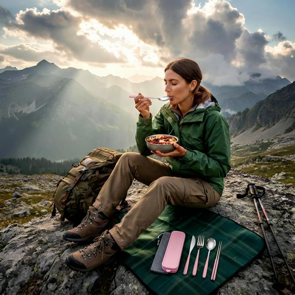 Travel Utensils with Case, Portable Stainless Steel Silverware Set for Work Lunch Box, Camping CutlerySet with Knife Fork Spoon Chopsticks, Reusable Flatware for Picnic Hiking, Pink image 3