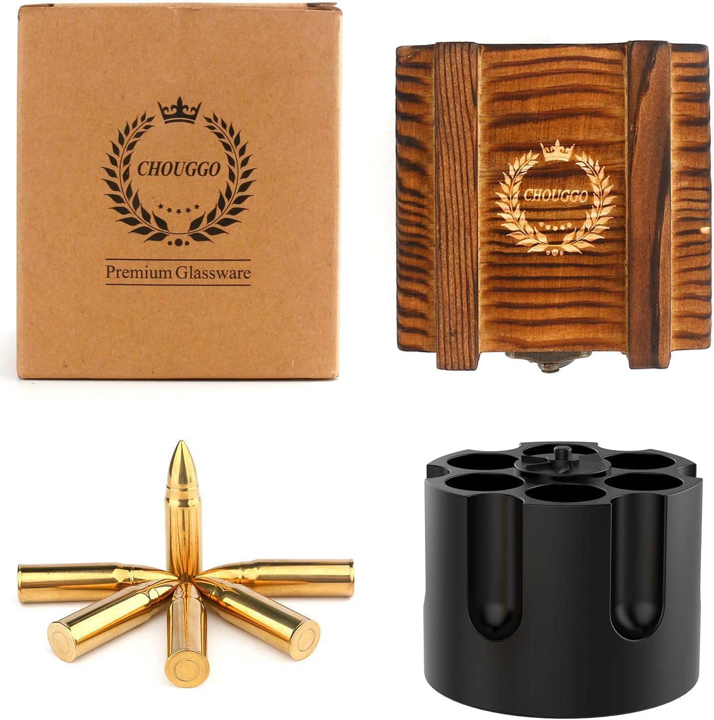 Chouggo Bullet Whiskey Stones with Vintage Wooden Case, Stainless Steel Ice Cubes, Whiskey Gift Set for Men, Dad, Husband, Boyfriend