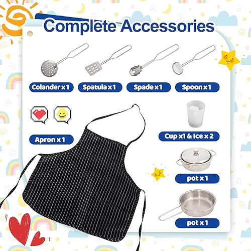 Miniatura 5 de Cocina de esquina para niños, juego de cocina de madera para niños pequeños con grifo, fregadero, microondas, horno, delantal, pizarra, gabinetes,