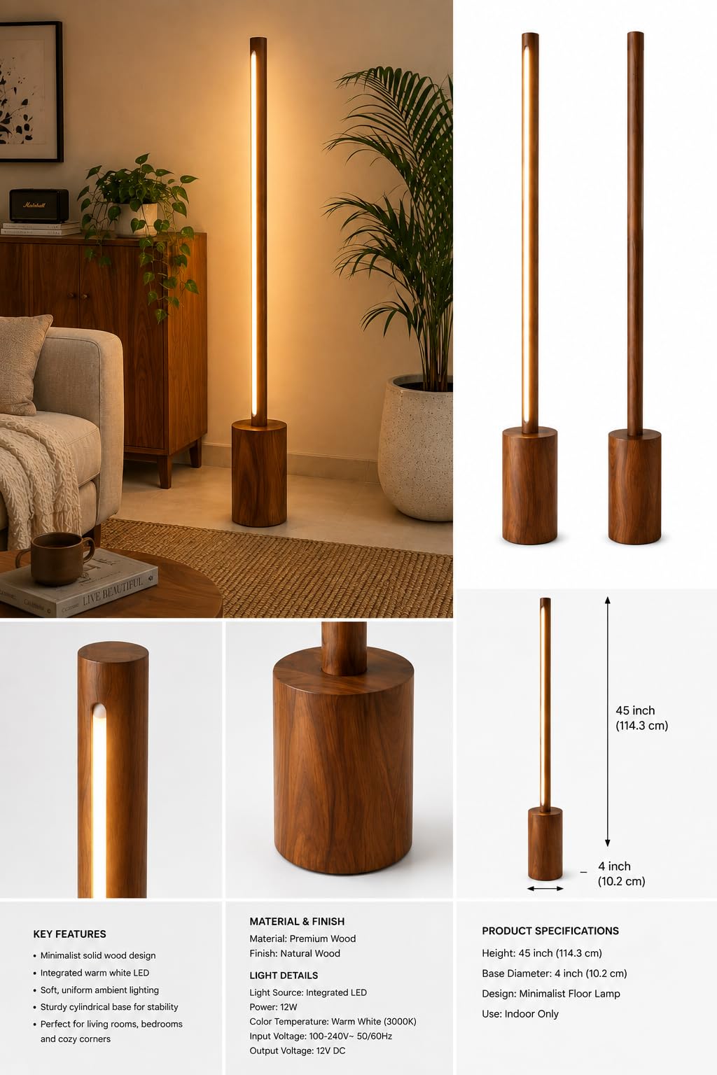 Modern LED Floor Lamp - Warm Light, Wooden Base -7 Modern LED Floor Lamp - Warm Light, Wooden Base -7
