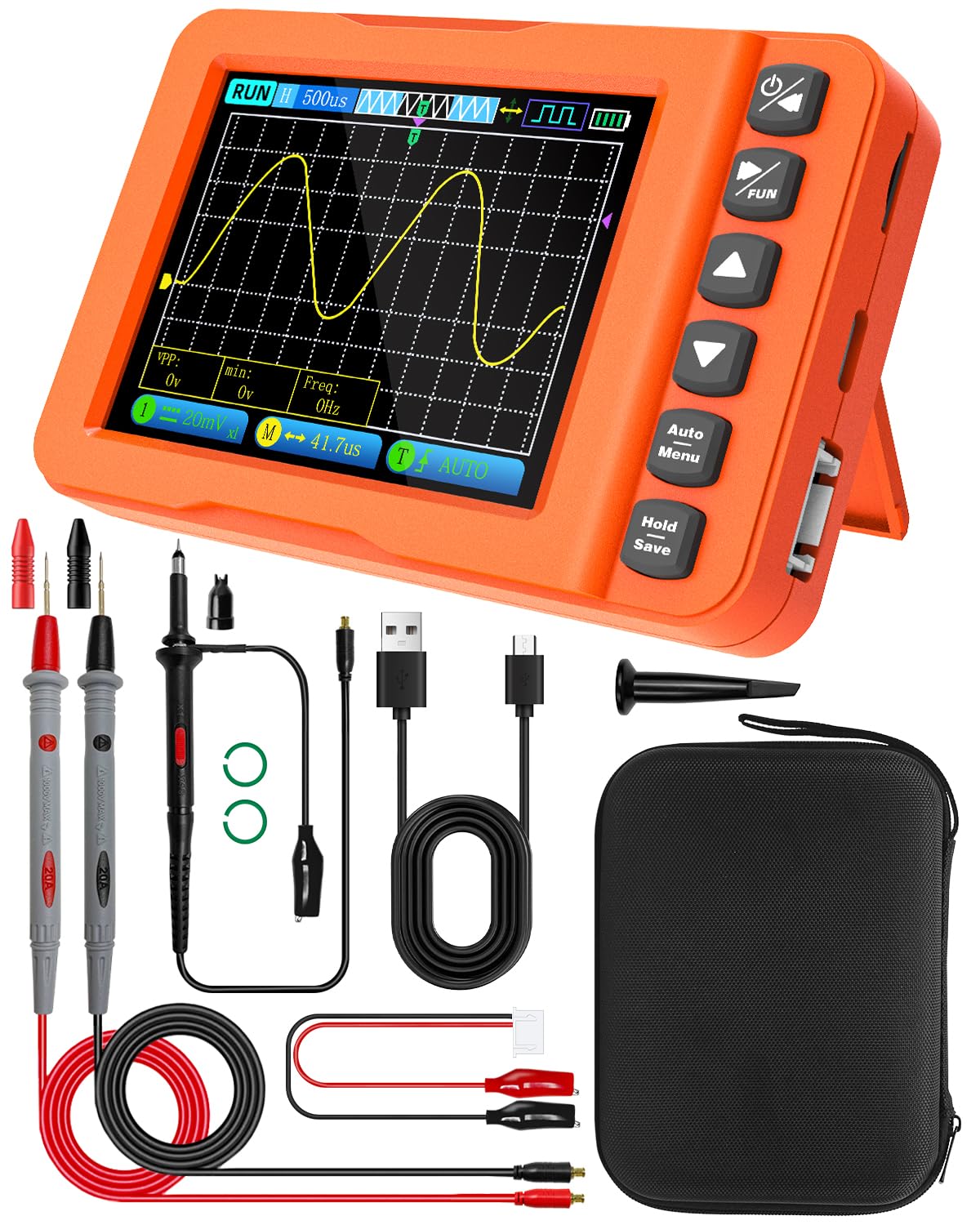 Osciloscopio Portátil 3 en 1, 15MHz 60MS/s Osciloscopio Digital Multímetro con Generador de Señales DDS, Medición de Voltaje AC/DC, Capacitores, Resistencias, Prueba de Diodos para Automoción