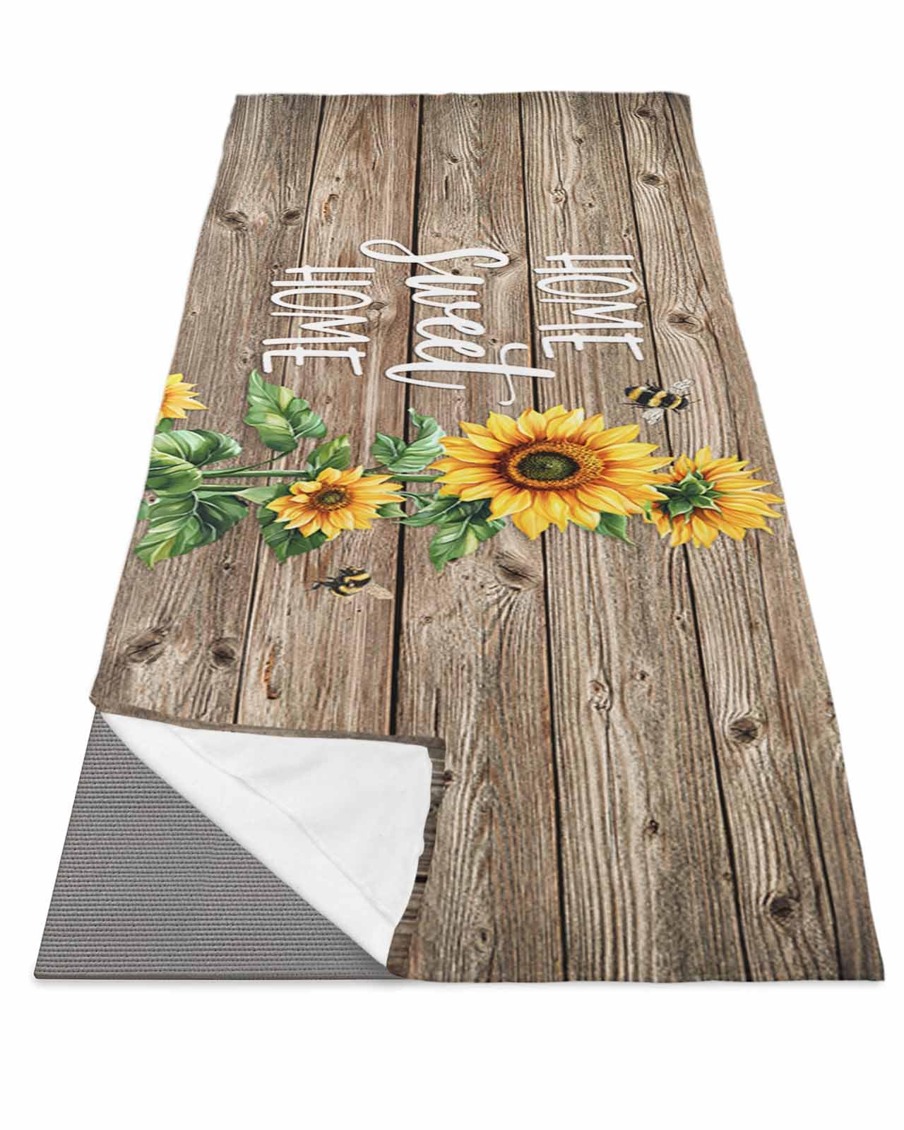 BOSIJOY Yoga Mat Towel,Watercolor Sunflower Bee on Wood Non Slip Sweat Absorbent Hot Yoga Towels with Corner Pockets,Home Quote Brown Wooden Soft Microfiber Towel for Pilates Bikram 70
