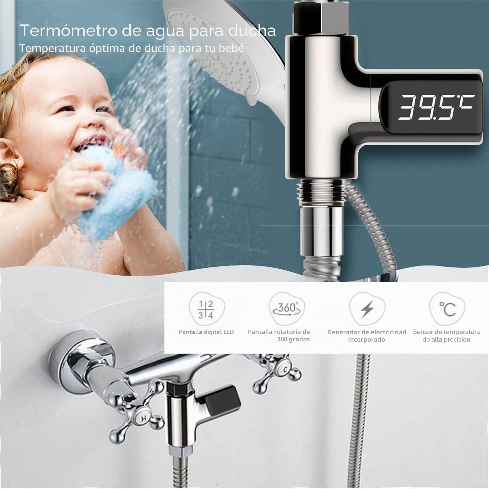 Chesoon Termómetro de Ducha LED Digital 360° Lectura 5-85°C/112-185°F | Lectura Instantánea, Fahrenheit/Centígrados, Para Baño del Bebé, Hogar Baño Cocina