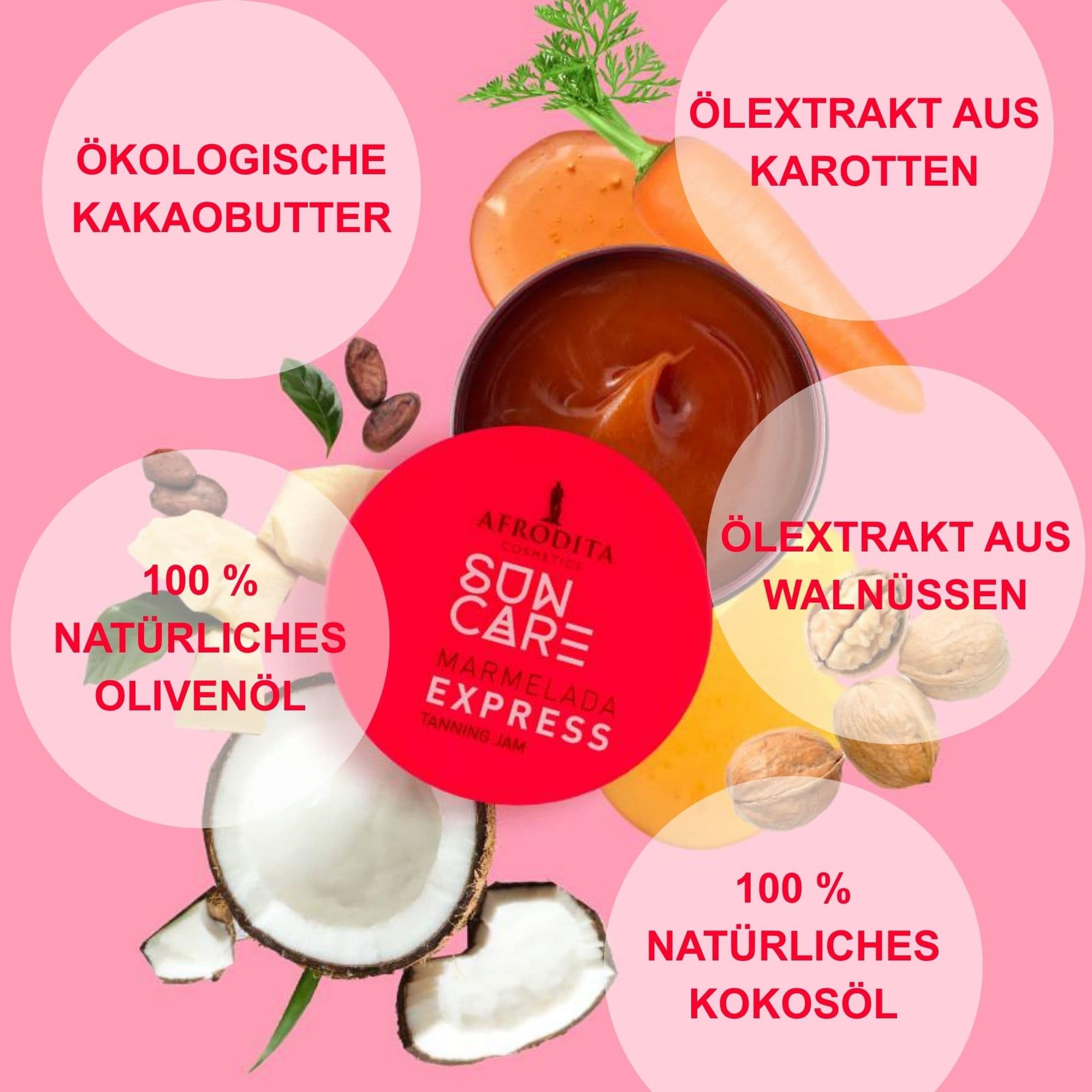 Afrodita Cosmetics SUN CARE Bräunungsbeschleuniger Marmelada | Für schnelle und intensive Bräune | mit 100% organisches Kokosöl, Karité und Kakaobutter | Siliconfrei | 200 ml (Express)