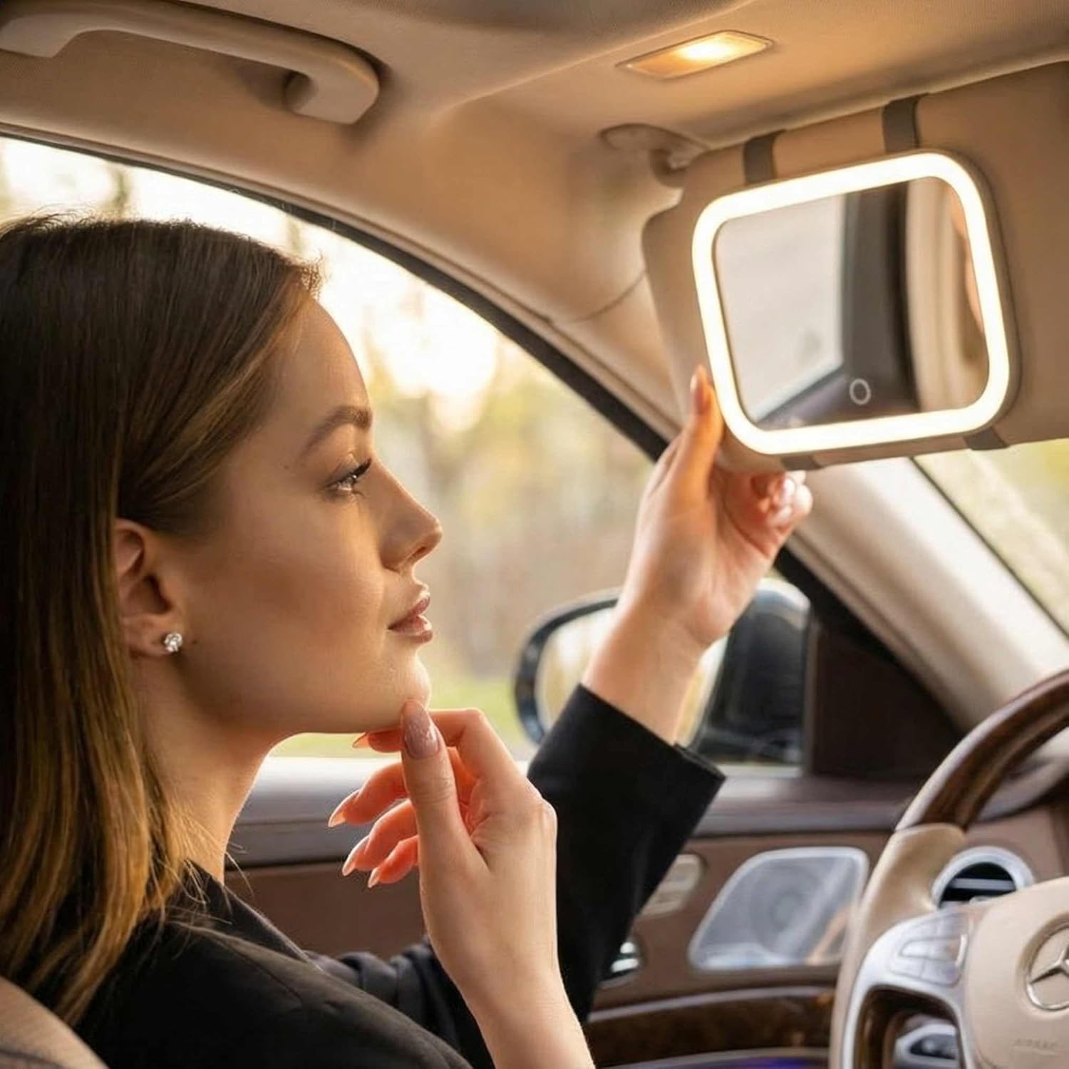 Fancii Car Sun Visor Makeup Mirror with Light, Rechargeable, 3 Color Modes, Dimmable, Adjustable Strap Clip-On Vanity Mirror, Universal fit, Built-in Kickstand (Juni 2) - Black