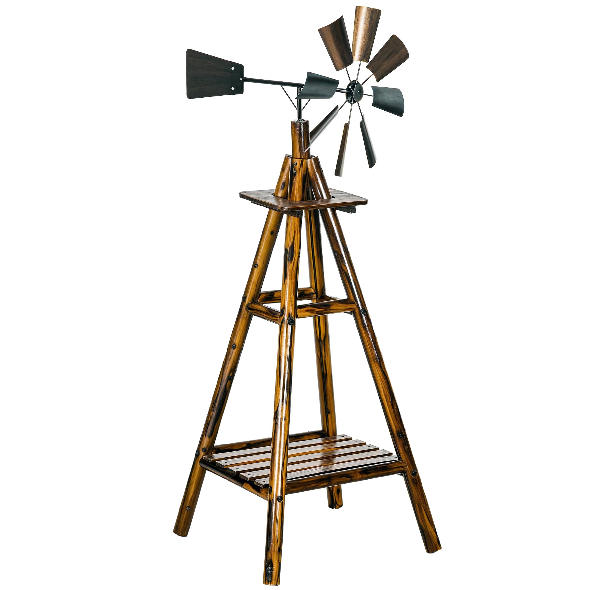 Outsunny Windmill Weathervane with Bottom Shelf, Freestanding Weather Vane with Windmill Head, Stained Wood