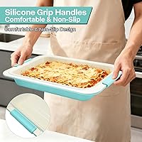 Vista 3 de Molde para hornear resistente de 13 x 9 pulgadas con tapa, molde rectangular antiadherente para pasteles con asas de agarre de silicona y cubierta a