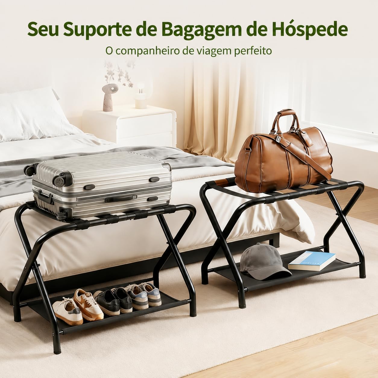 2PCS Suporte de Mala, Porta-Bagagens em Aço Inoxidável Espessado, Prateleira em Aço Inoxidável Preto, Suporte Dobrável de Bagagem com Prateleira de Tecido 45kg para Quarto e Hotel