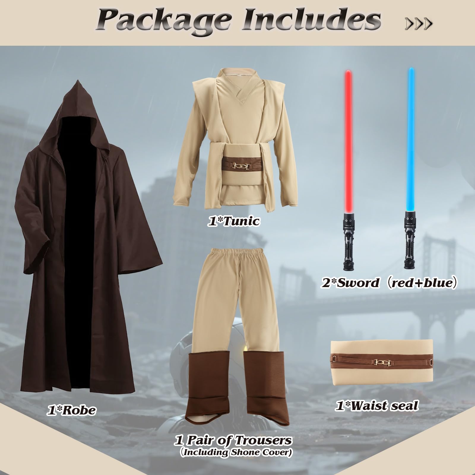Aitsite Je-d Costume Kids, Tunic Hooded Robes with Lightsaber - Image 2