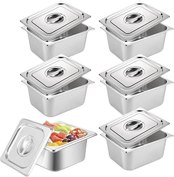6 Pcs Stainless Steel Gastronorm Pan 1/6 with Lid, Hotal Pan 2.6" Deep