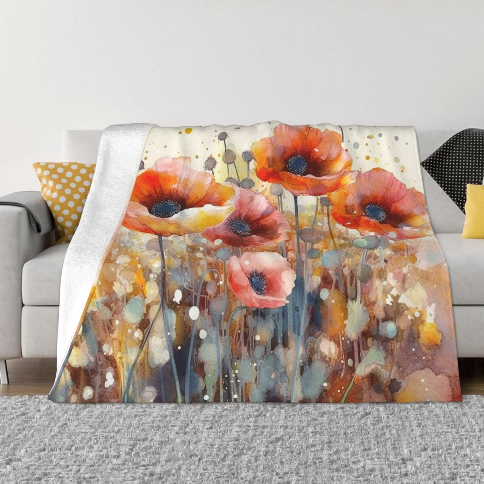 FodPand Watercolor Red Flowers Fleece Blanket 80"x60" Lightweight Warm Throw Blanket for Bed Couch Cozy Air Conditioning Quilt All Seasons Decorative Fuzzy Blankets Gifts for Women Men