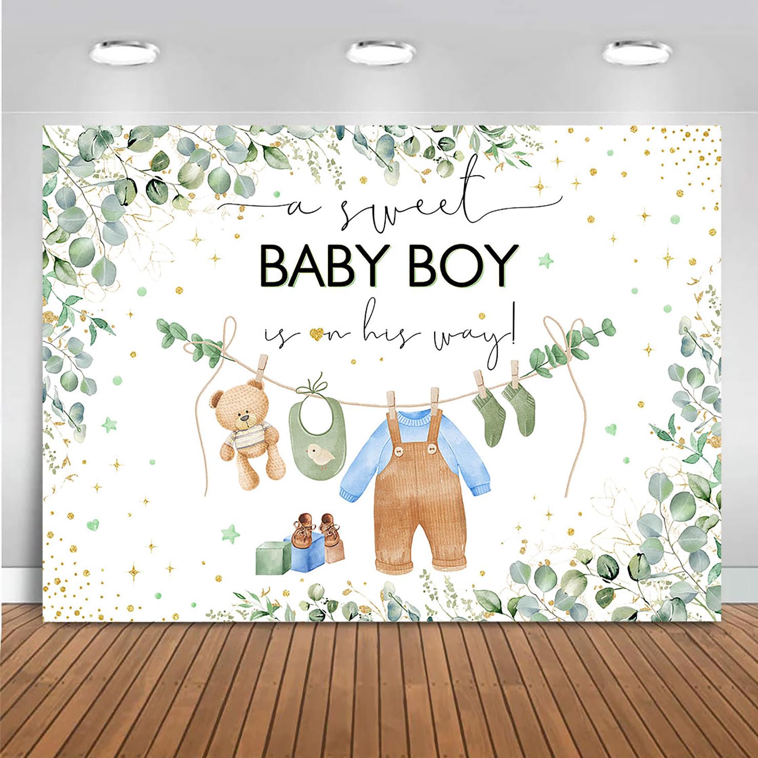 Mocsicka Baby Boy Backdrop for Baby Shower Oh Baby Green Leaves Boy Baby Shower Decorations Floral Watercolor Eucalyptus Golden Dots Cake Table Banner