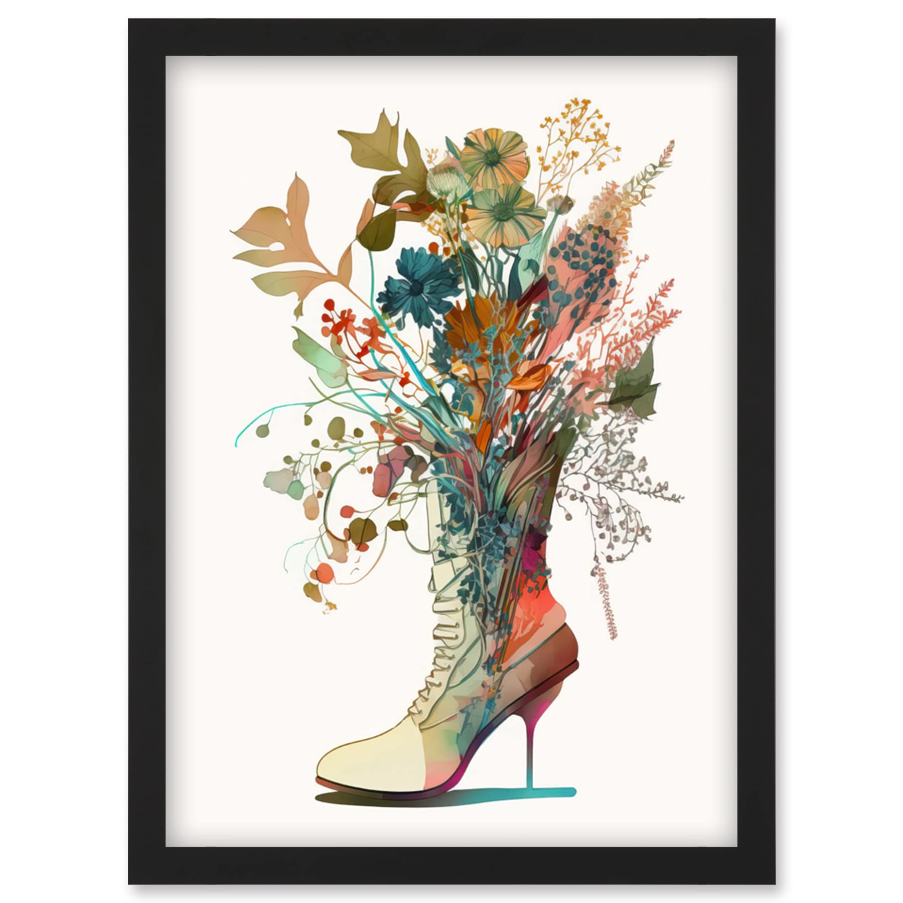 Artery8 Wildflower Bouquet in a Stiletto Heel Combat Boot Artwork Framed Wall Art Print A4