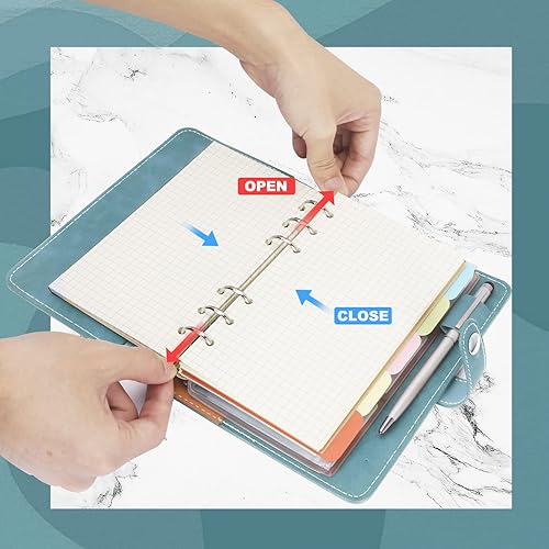 Vista 34 de FYY - Cuaderno de 6 anillos de piel sintética con bolsillos, divisores y papel de recarga, agenda de tamaño A5, color azul marmolado
