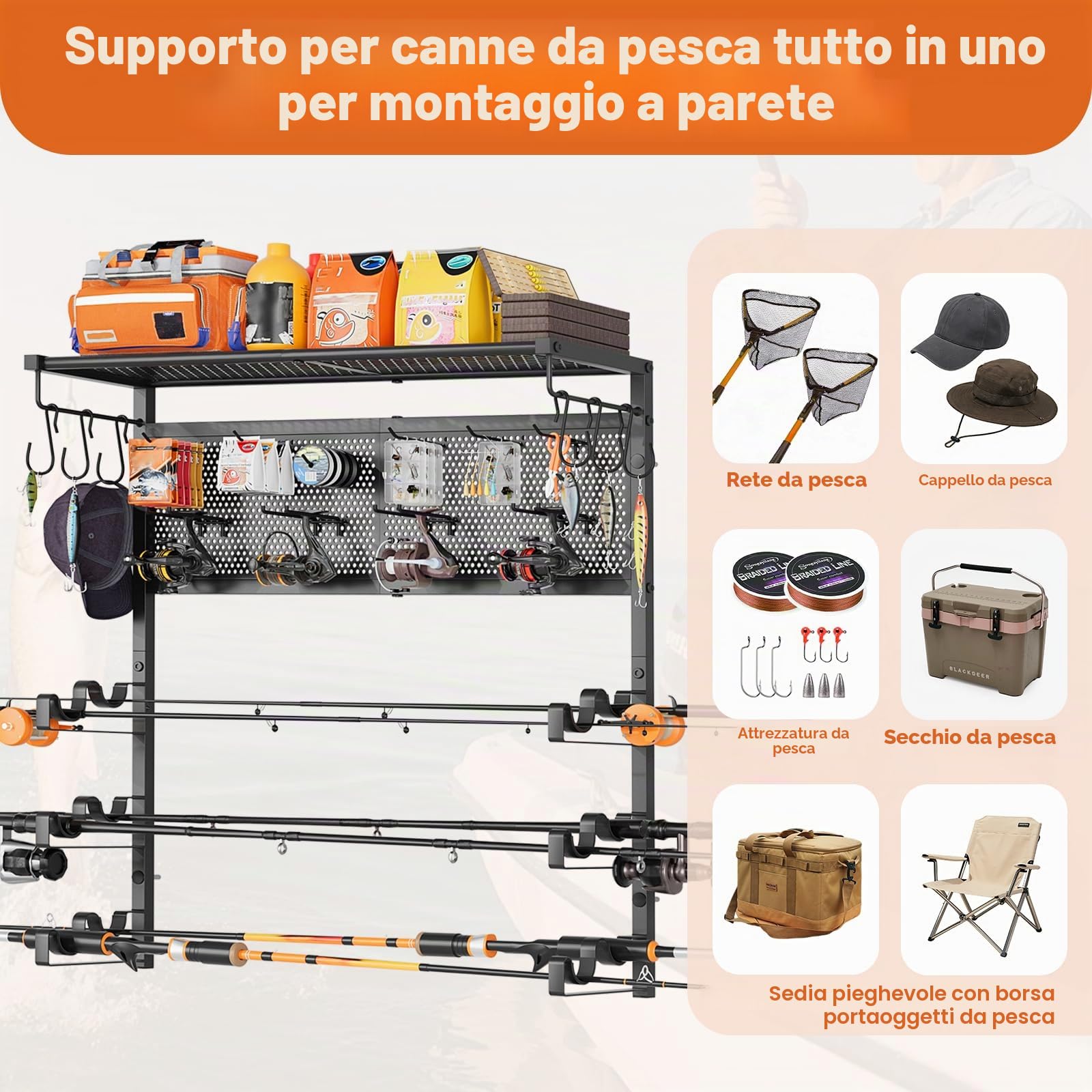 Bikoney Portacanne da Pesca Parete per Garage, Supporto Orizzontale per 6 Canne con Pannello Forato e Ganci, Rastrelliera Porta Canne Salvaspazio, Regalo per Pescatori Uomo Papà