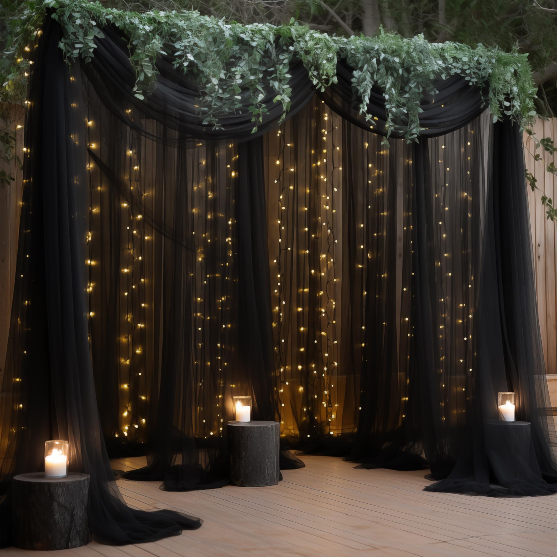 30×10ft Black Tulle Backdrop Curtain with Lights String for Parties, Sheer Curtain Backdrop Drapes for Wedding Party Photography Background