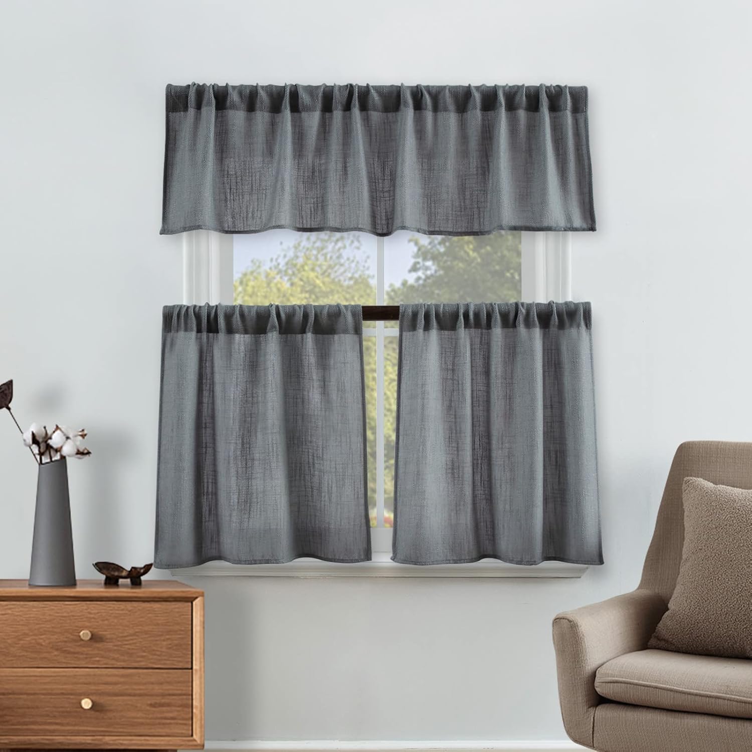 Valea Home Grey Burlap Look Kitchen Curtains Window Treatment Set, 14 inch Valance and 24 inch Tiers