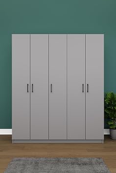 ASRA TREND K l Gri G-09 5 Kapakl  Gard rop 150x180 cm  ift Ask l k Sistemli Rafl  Elbise Dolab  Yatak Odas  K yafet Dolab %100 MDFLAM