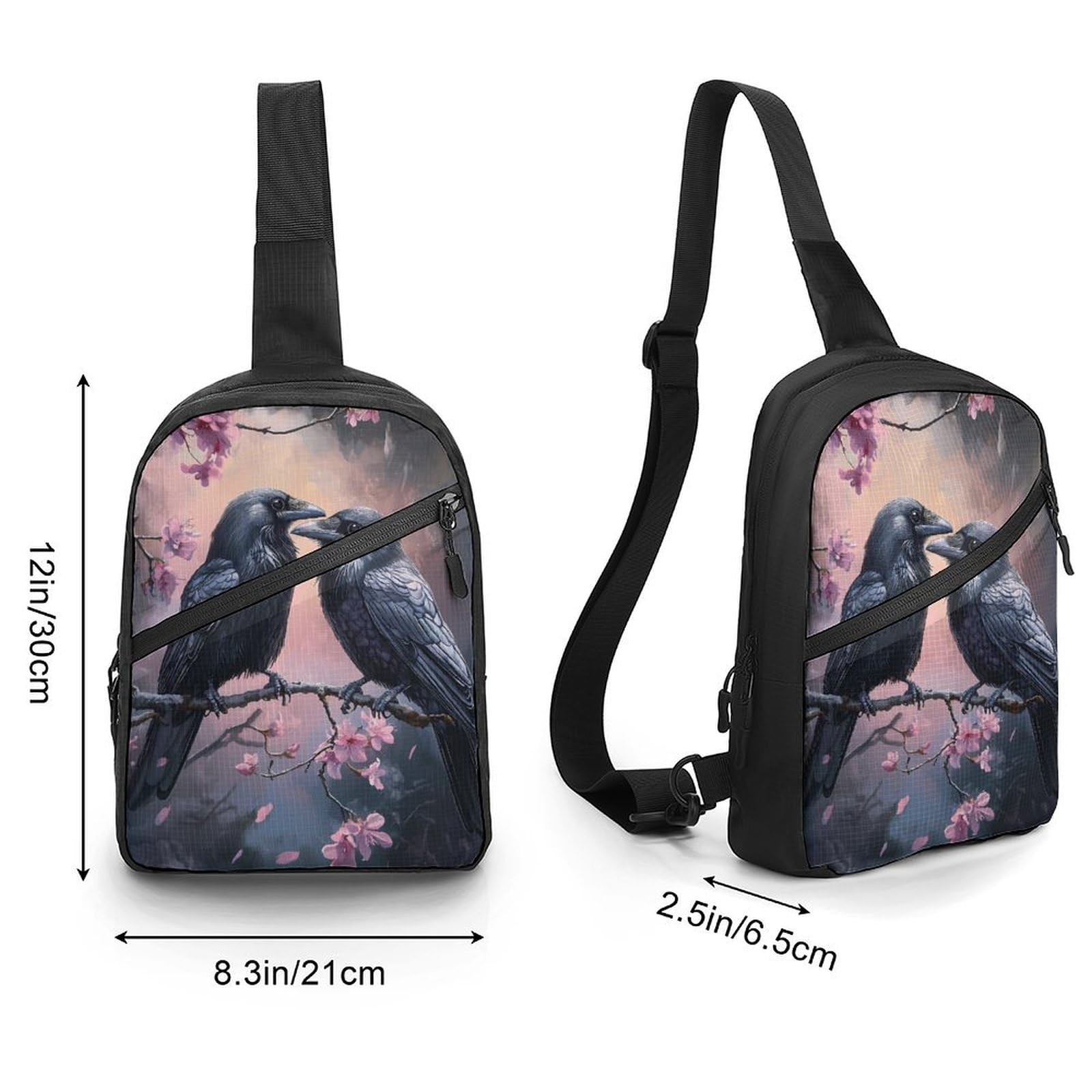 Black Crows Cherry Tree Branch Chest Bag Foldable Crossbody Unisex Pack Travel Hiking Adjustable Shoulder Straps Sling Bags