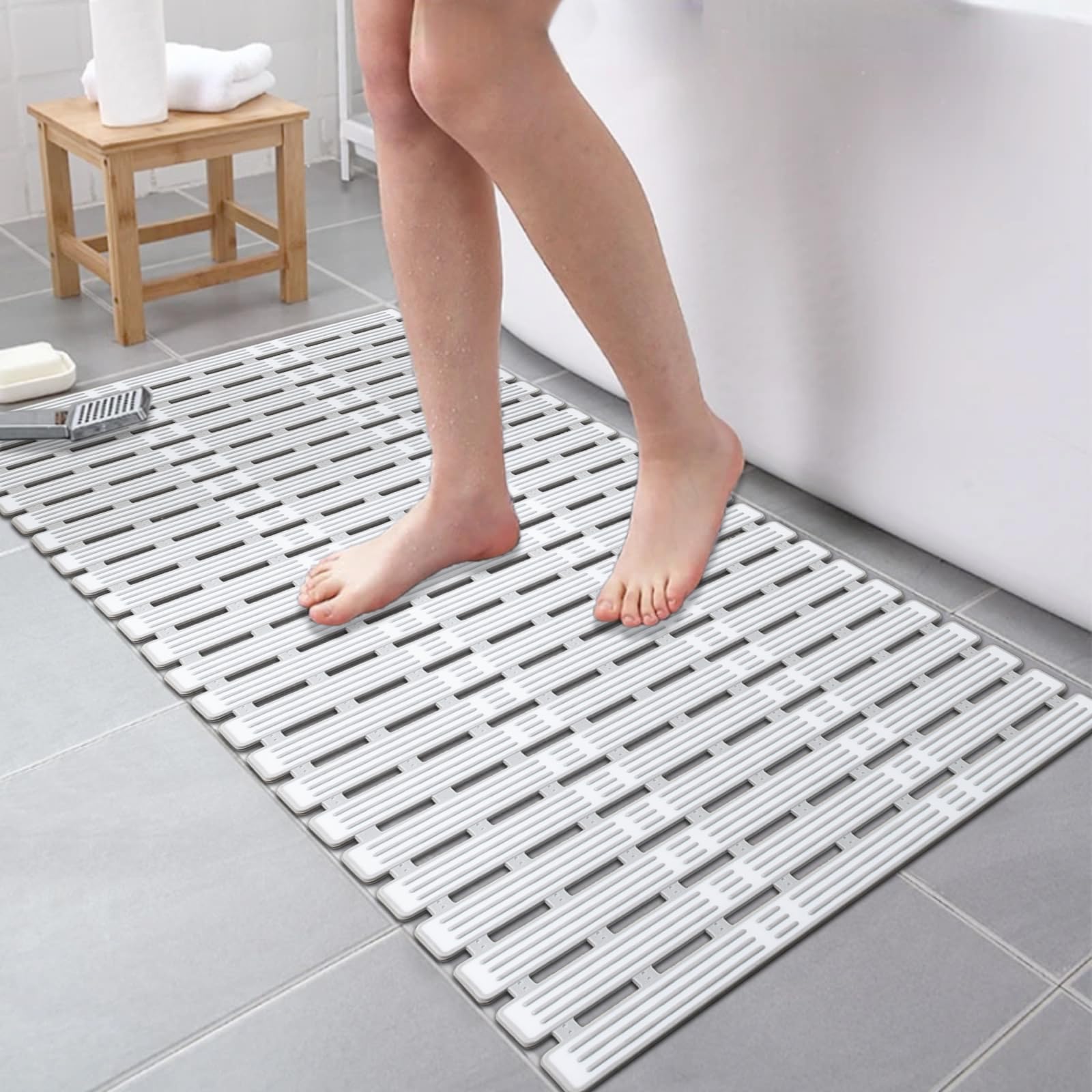 Tapis De Bain Antidérapant Extra Long 100 X 40 Cm Avec Ventouse Et Trous De Drainage Lavable En Machine Et Resistant A Moisissure En Pvc Blanc 97409385