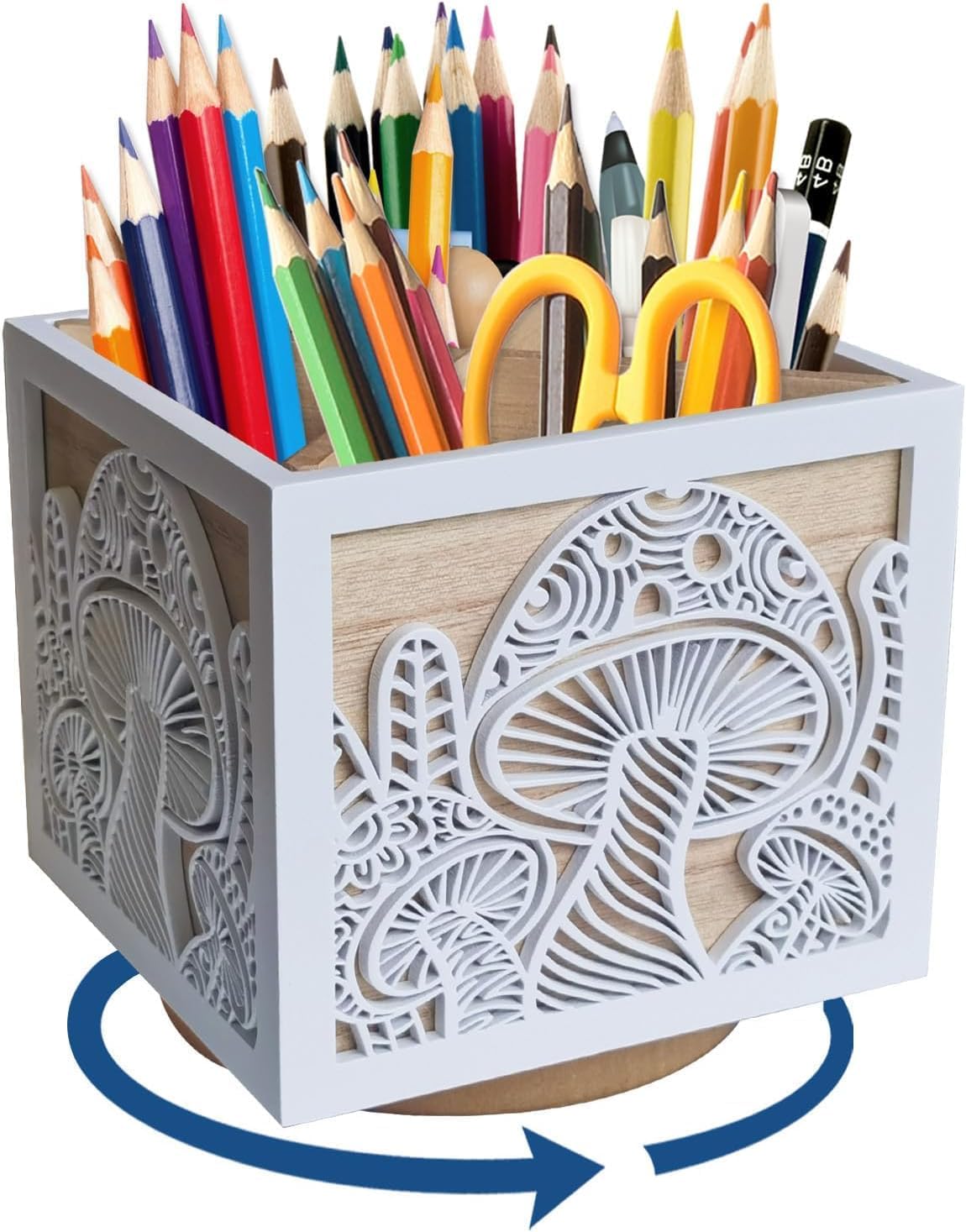 Office Pen Holder for Desk with Mushroom Cutout, Rotating Pen Organizer with 4 Compartments, Wood Pencil Holder Aesthetic Art Supply Organizer for Silverware, Makeup Brushes