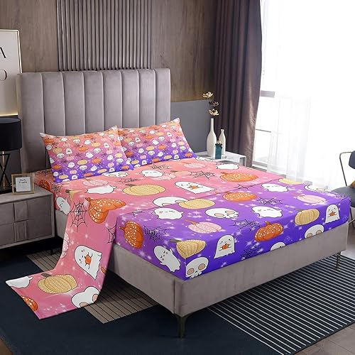 Miniatura 3 de Bonita sábana bajera de fantasma, tamaño individual, para niños, para Halloween, para niñas, niños, caricatura, calabaza, farol, telaraña, calavera,