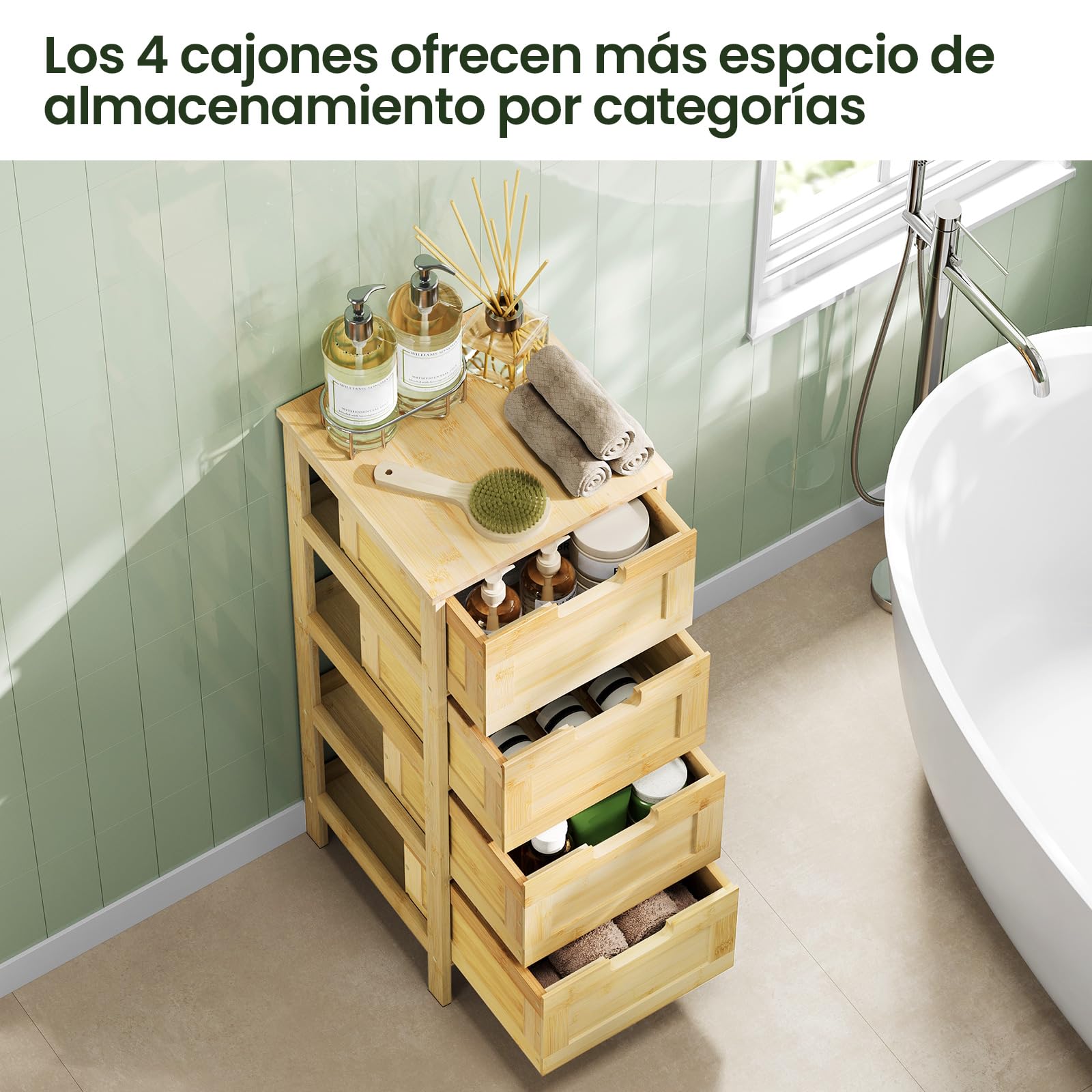 EUGAD Armario Baño con 4 Cajones, Cajonera de Bambú, Armario Estrecho Esquinero para Cocina, Baño y Dormitorio, Protección contra Polvo y Humedad, 30x30x80 cm