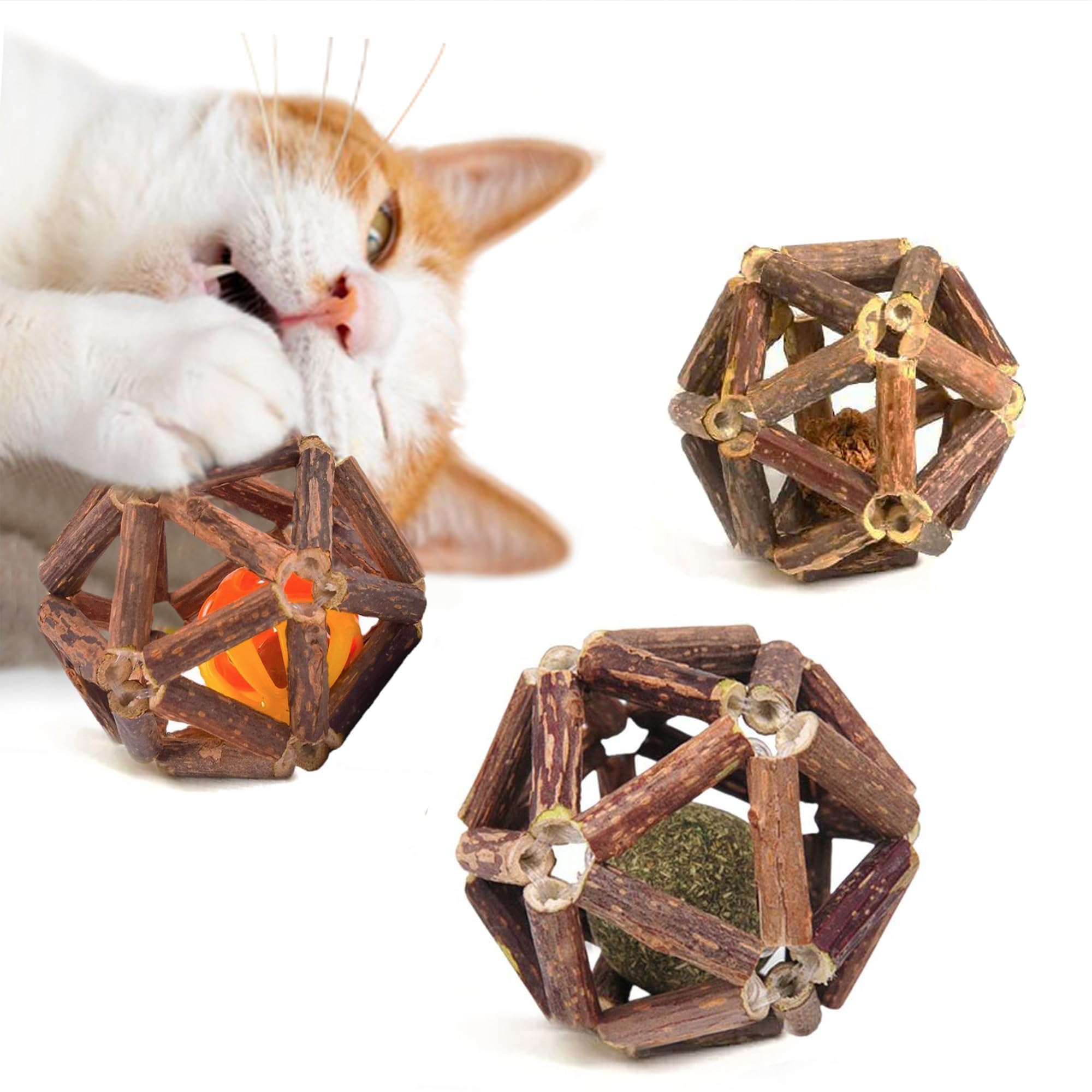 SunGrow Silverine Balls for Cats, Engaging and Interactive Pet Enrichment, Gall Fruit, Catnip, Bell Ball, Cool Pal Feline Toy, Christmas Stocking Stuffers, Brown, 2.5” (Diameter), 3 Pieces per Set