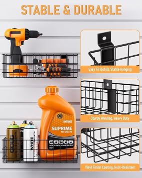 INCLY 4 Pack Black Slatwall Baskets Set, Ventilated Metal Hanging Storage Slat Wall Basket, Mounted Slatwall Accessories for Garage Rooms Shops Storage Organizing Display on Slatwall Panels