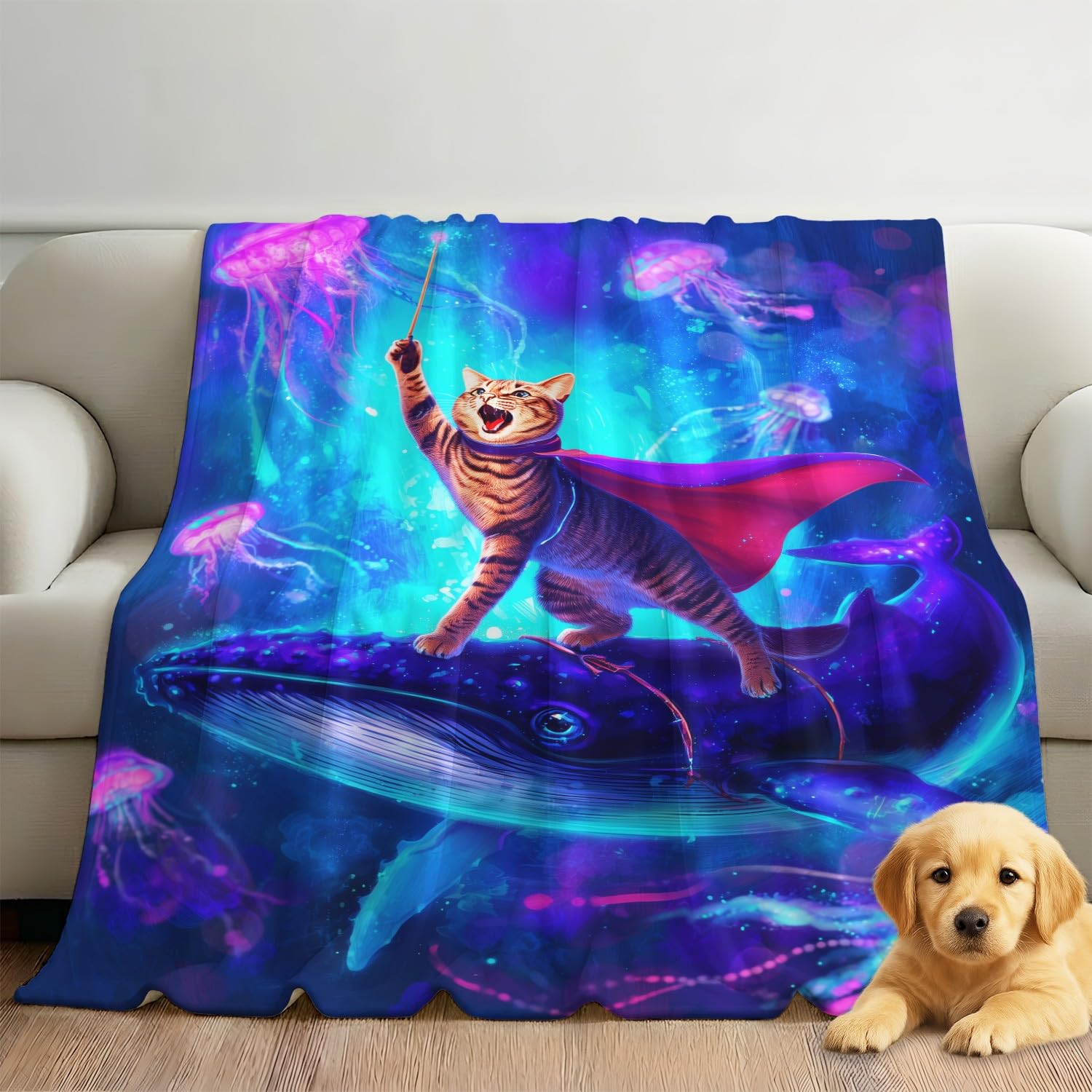 Generisch Koc magicznego kota, puszysty, miękki kot, wieloryb, koc polarowy do salonu, na kanapę lub łóżko, 150 x 180 cm, niebieski, prezent dla dzieci i rodziców