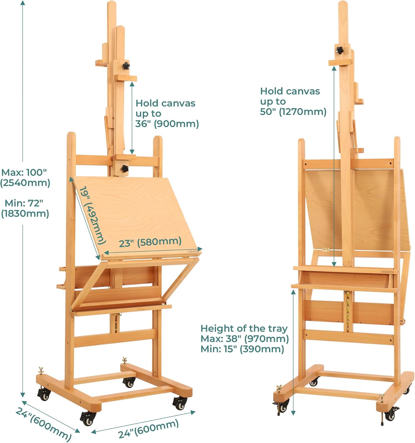 VISWIN Double-Sided Easel & Drafting Table, Hold 1 or 2 Canvas, Solid Beech Wood Artist Easel for Painting Canvas, Adjustable H Frame Easel with Tray & Wheels, Art Easel Stand for Adults, Artists