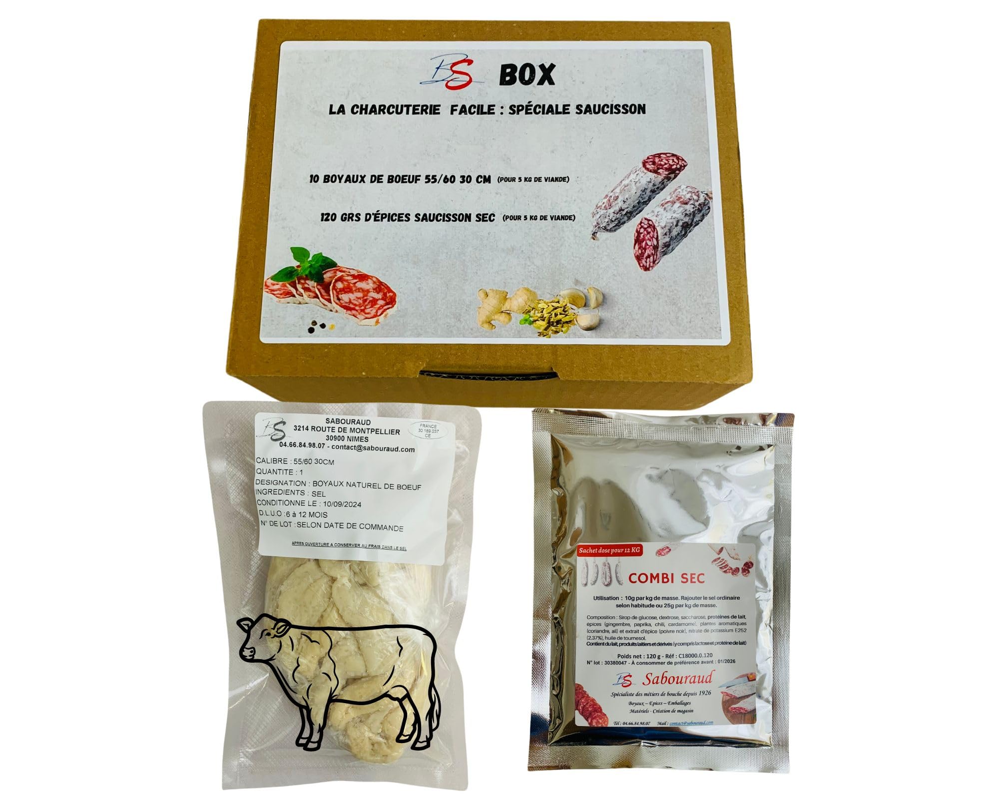 BS BOX, la charcuterie facile Spéciale saucisson, 1 épice combi sec 120 gr, 10 boyaux gros de boeuf 55/60 30 cm pour 10 saucissons de 500 gr environ