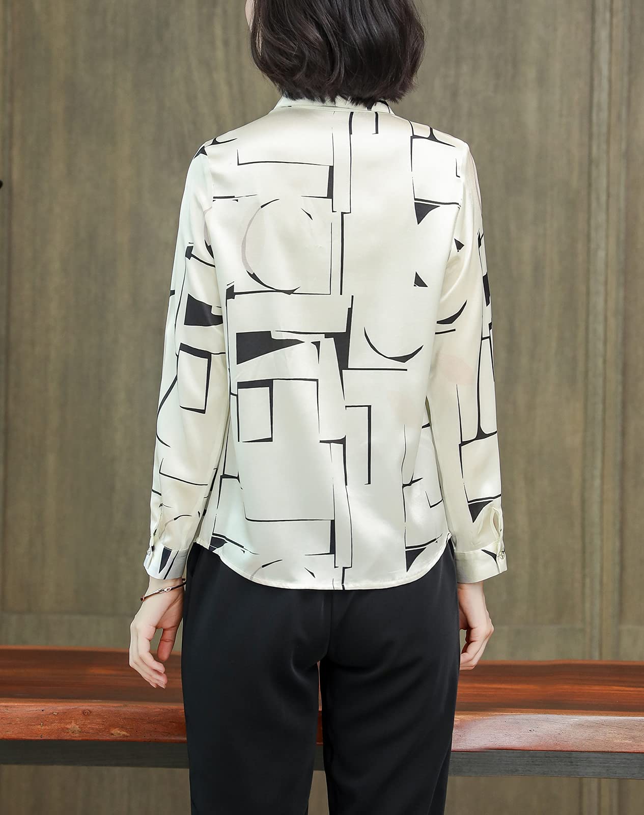 DISSA Chemise Soie Imprimé Géométrique Col Revers Manches